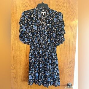 Black Floral Smocked Waist Midi Dress with Blue Flowers